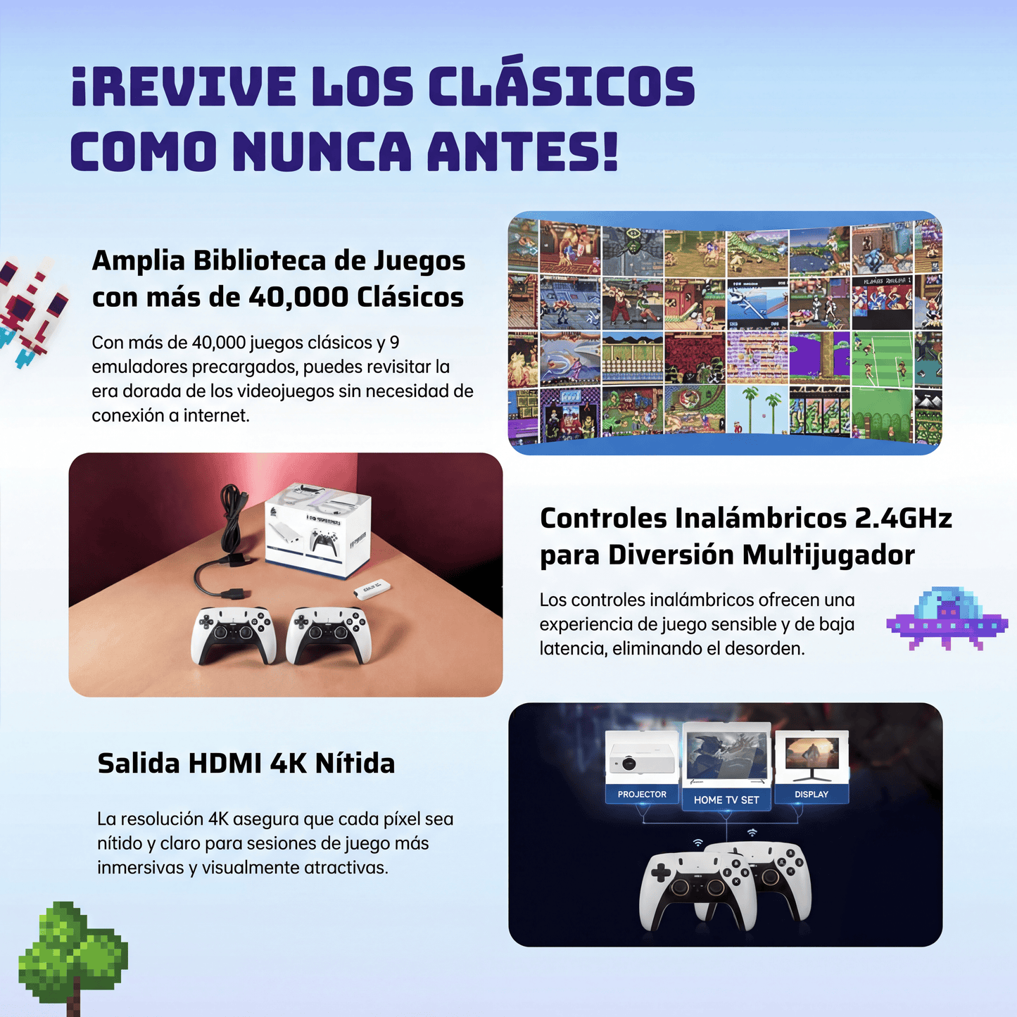 Game Stick 4K con 2 controles inalámbricos – M15 Pro™